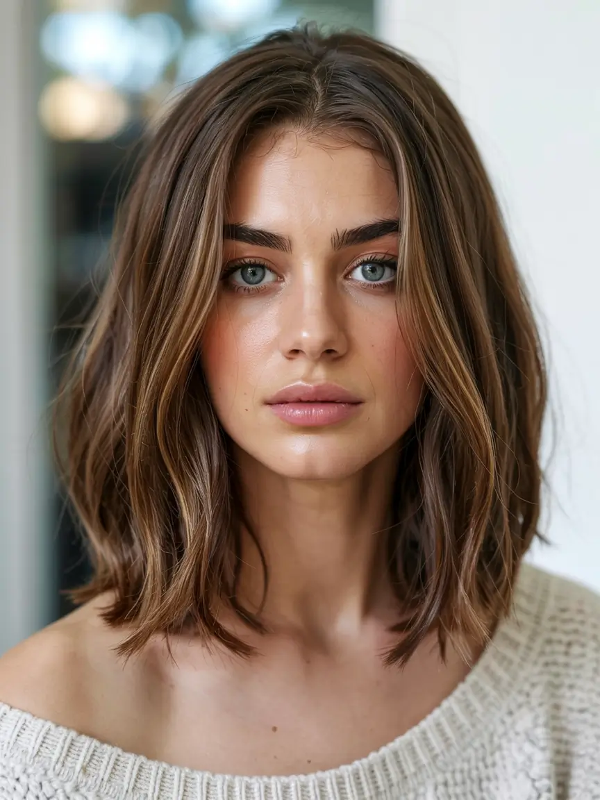 winter medium haircut ideas 2025 2026 Sleek Lob with Subtle Highlights