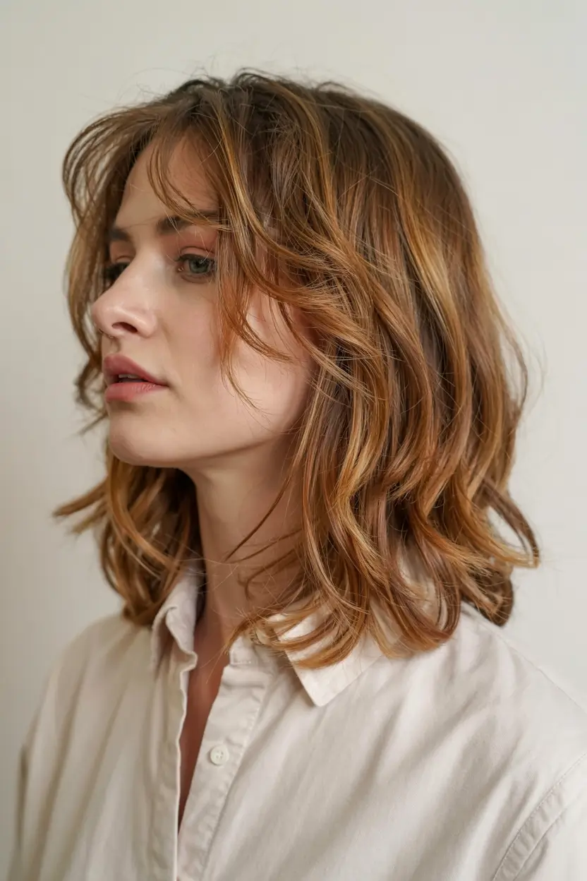 winter medium haircut ideas 2025 2026 Warm Copper Waves with Light Texture