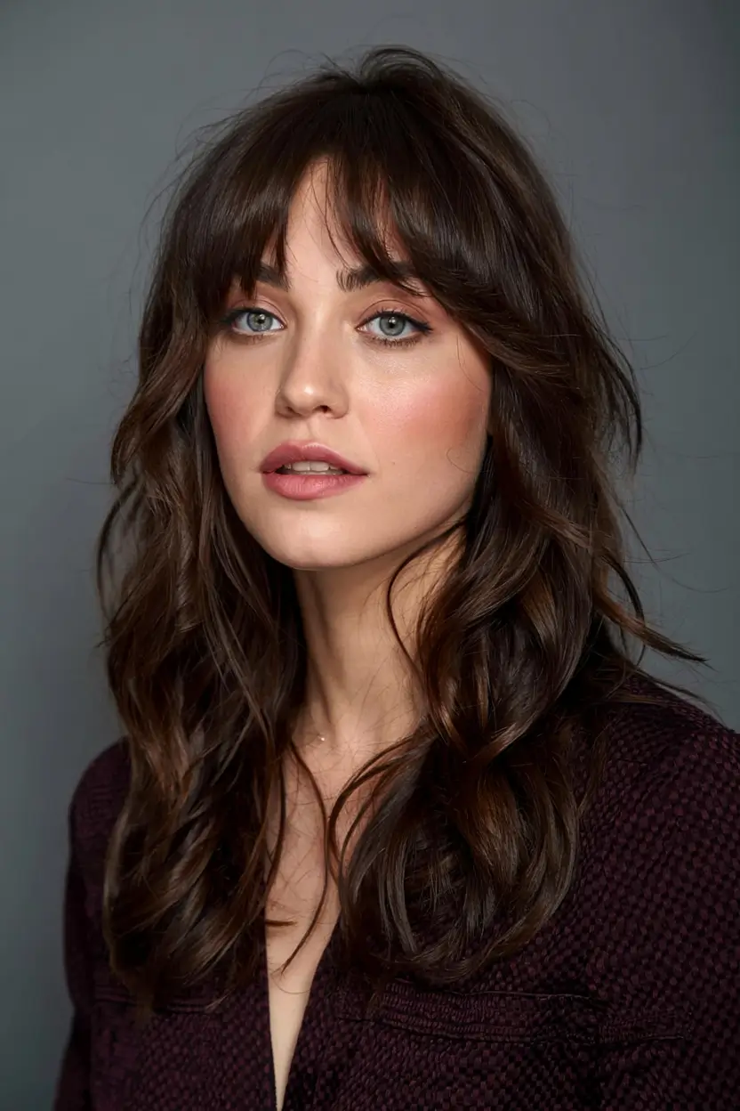 winter medium haircut ideas 2025 2026 Medium Waves with Curtain Bangs