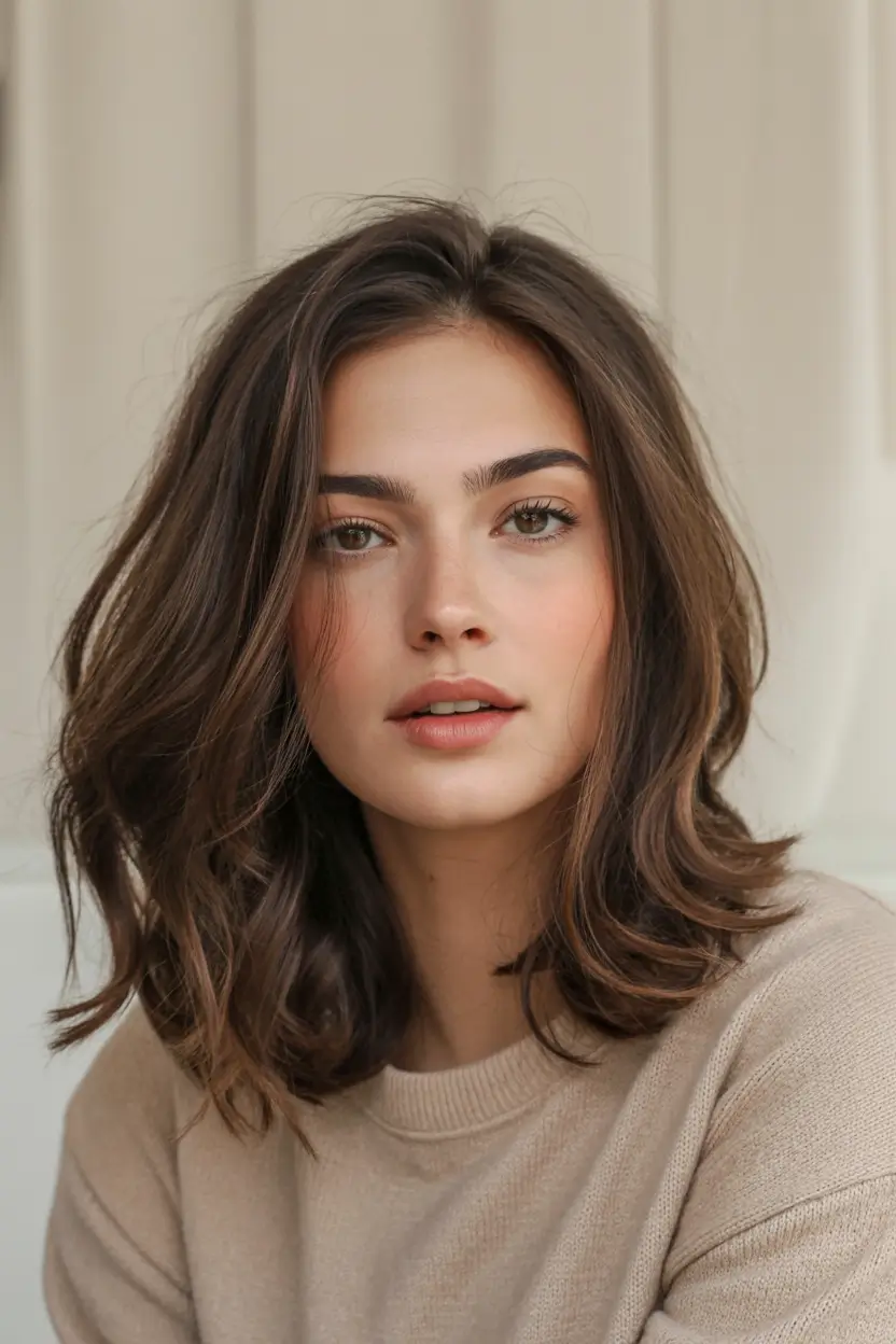 winter medium haircut ideas 2025 2026 Layered Chocolate Brunette with Natural Flow