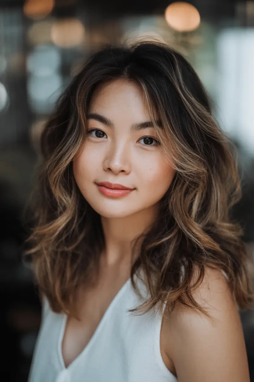winter medium haircut ideas 2025 2026 Dimensional Waves with Lived-In Highlights
