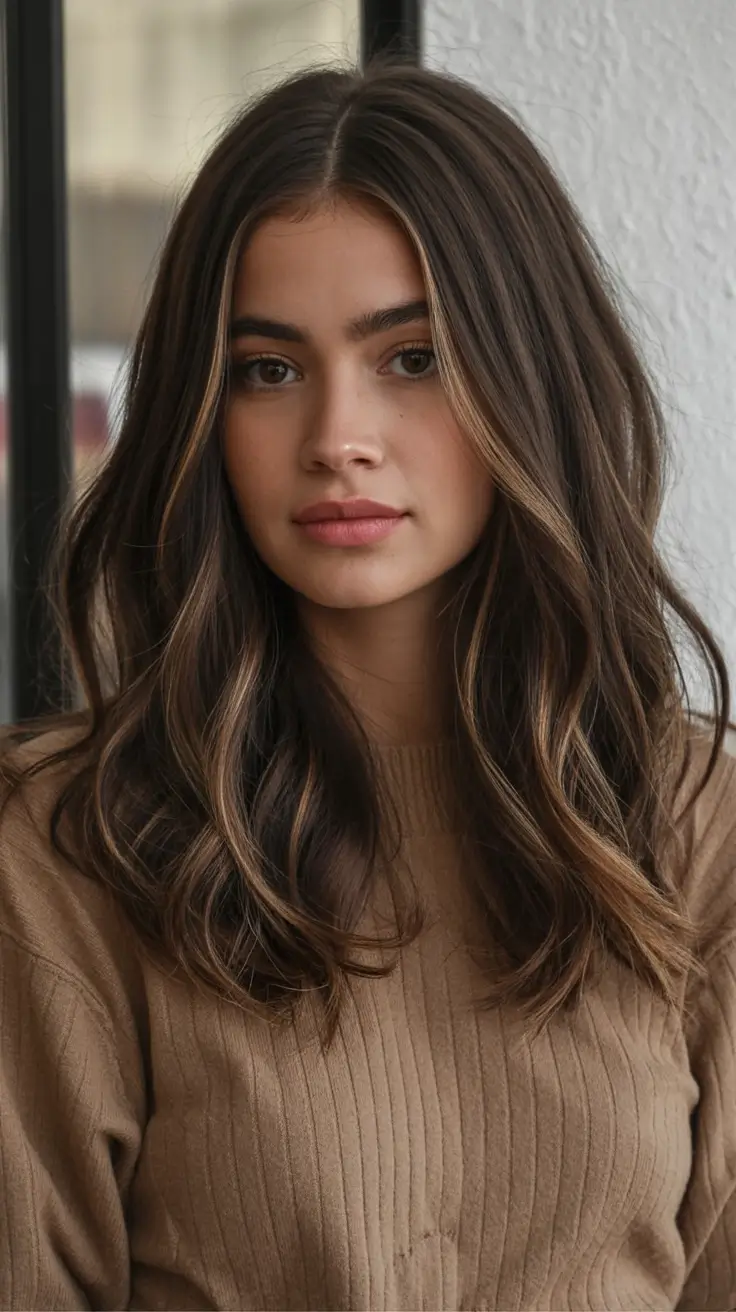 winter medium haircut ideas 2025 2026 Polished Medium Brunette with Subtle Caramel Veins