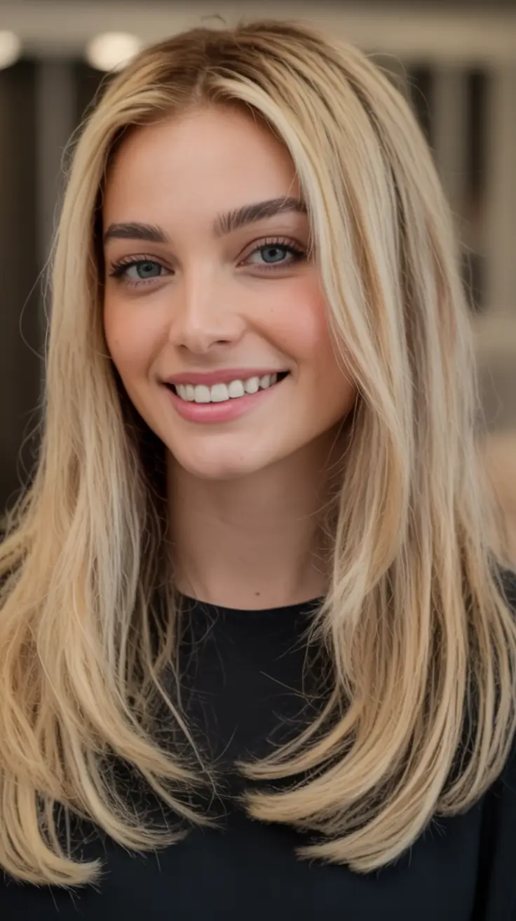winter medium haircut ideas 2025 2026 Long-Layered Blonde with Soft Shine