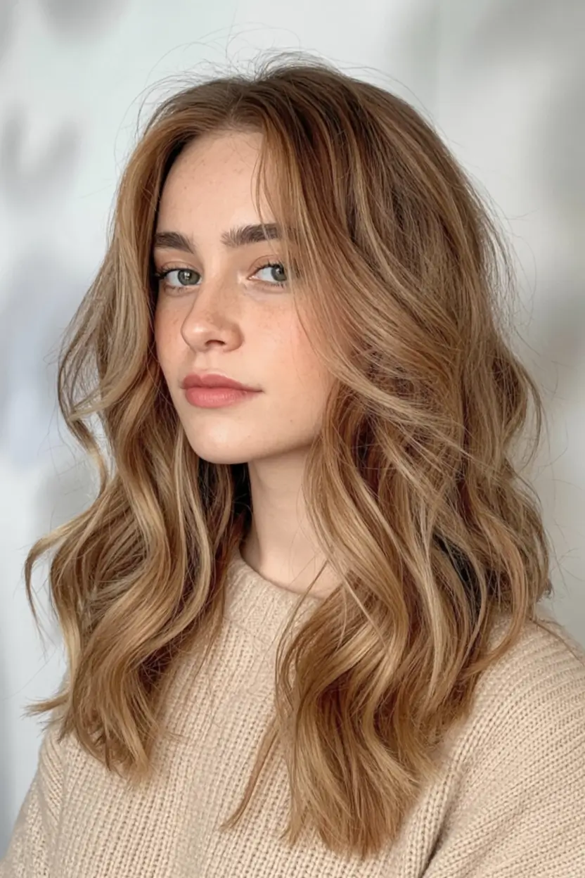 winter medium haircut ideas 2025 2026 Golden Honey Waves with Soft Highlights