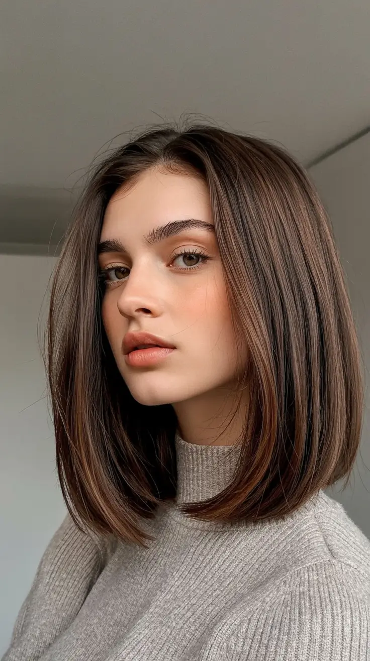 winter medium haircut ideas 2025 2026 Polished Lob with Sleek Finish