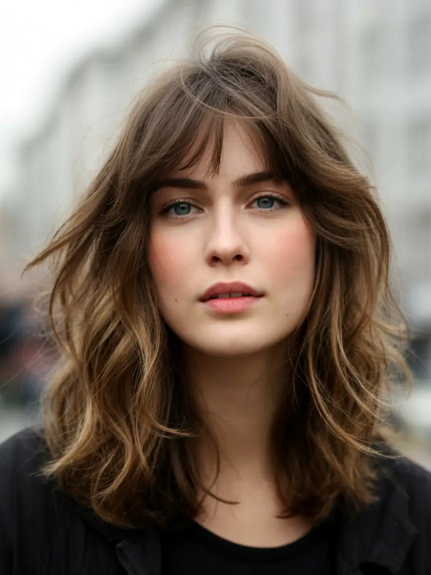 winter medium haircut ideas 2025 2026 Textured Shag with Curtain Bangs