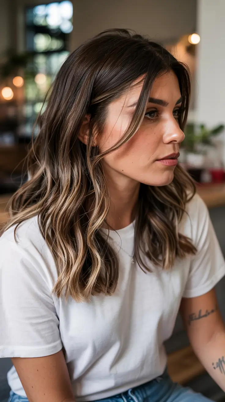 winter medium haircut ideas 2025 2026 Glossy Brunette with Face-Framing Highlights