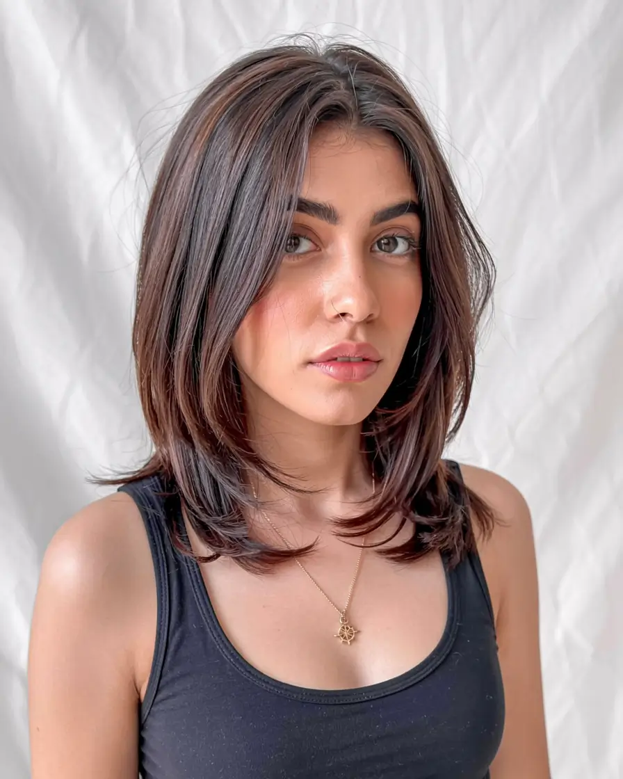 winter medium haircut ideas 2025 2026 Feathered Layers with Subtle Flicks