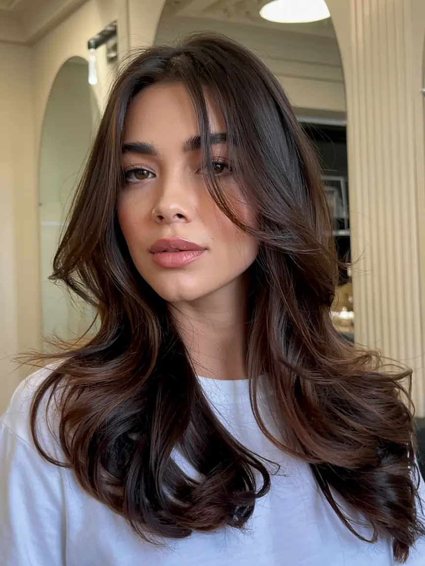 winter medium haircut ideas 2025 2026 Voluminous Brunette with Glamorous Layers