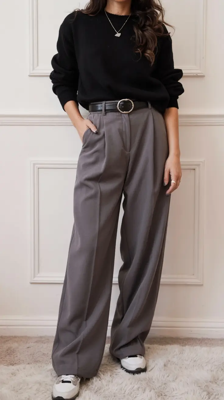 winter office outfits ideas 2025 2026 Relaxed Trousers and a Cozy Knit