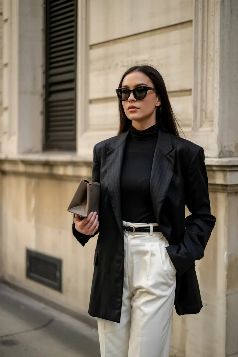winter office outfits ideas 2025 2026 Monochrome Elegance in Black and White