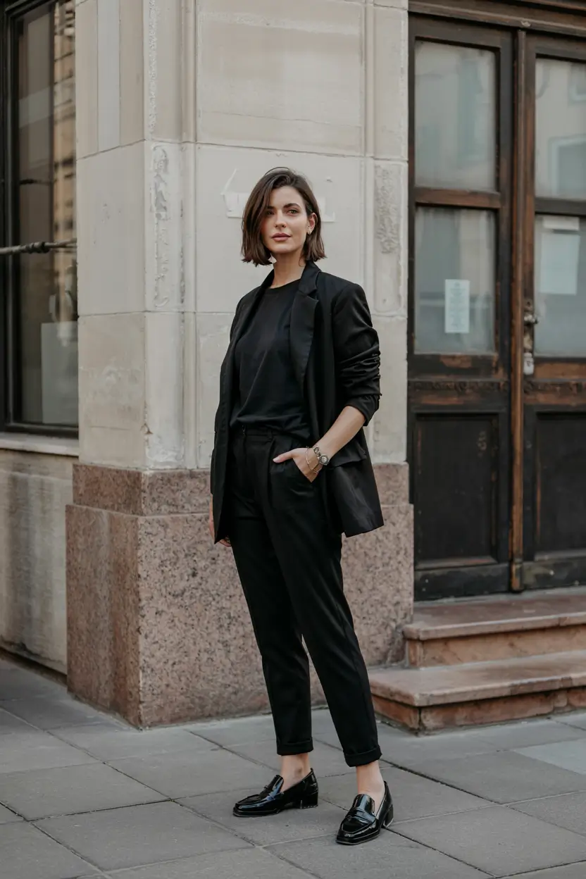 winter office outfits ideas 2025 2026 Power of All-Black Tailoring