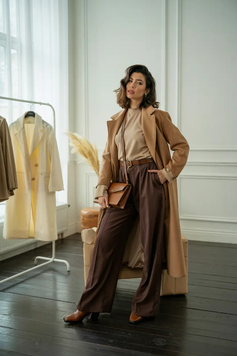 winter office outfits ideas 2025 2026 Caramel Tones and Chocolate Browns