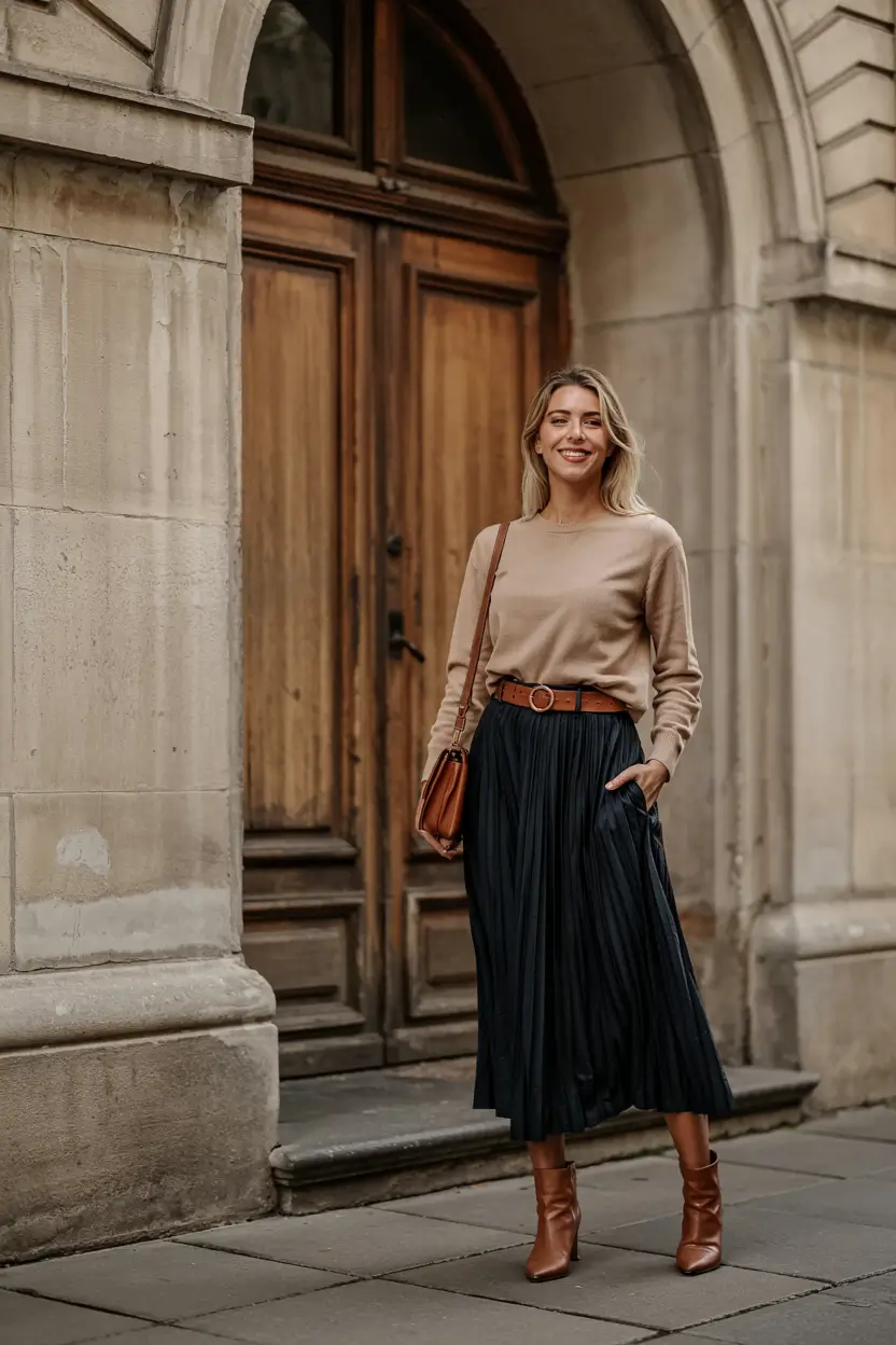 winter office outfits ideas 2025 2026 Pleated Skirt Elegance