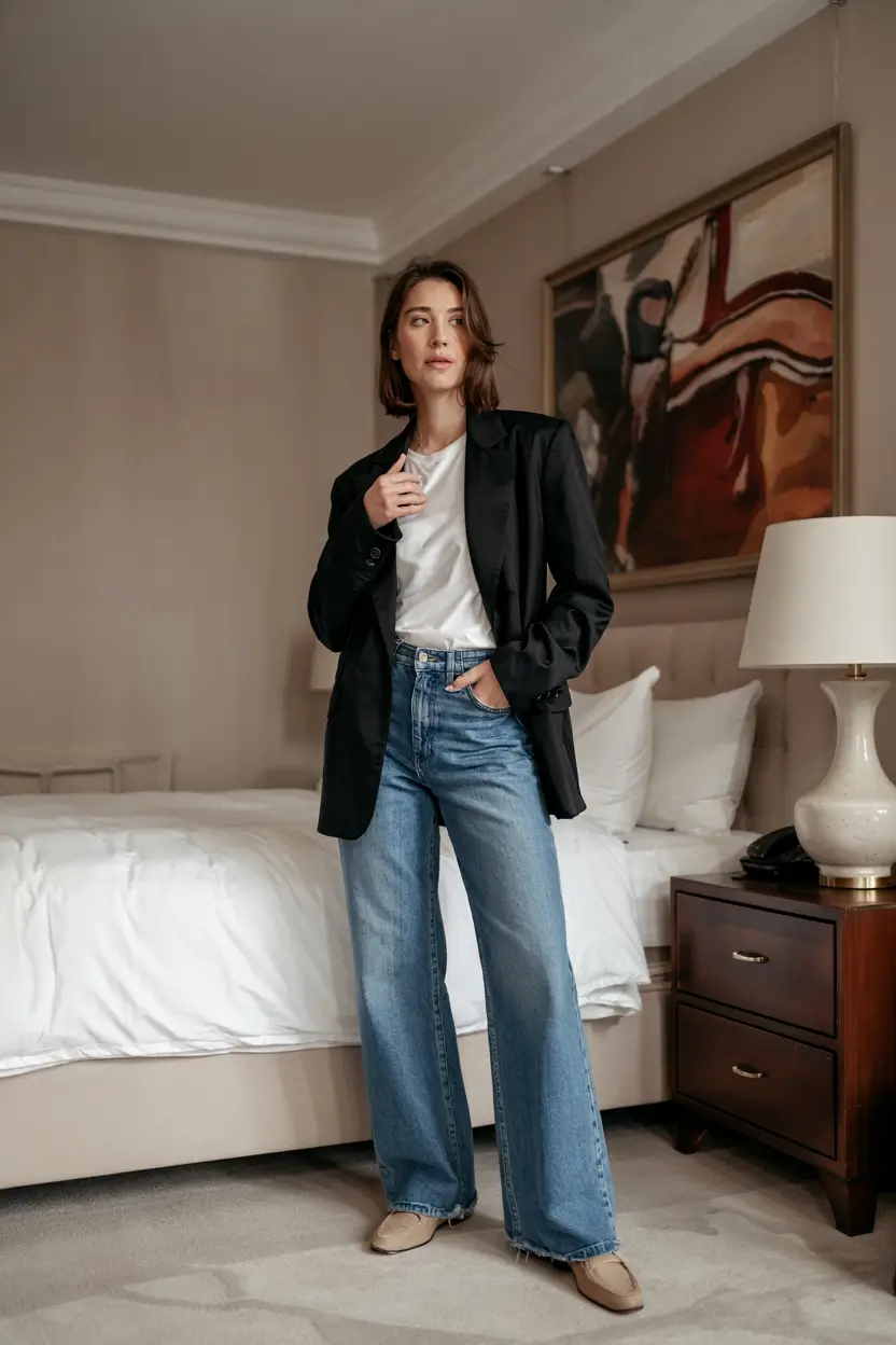 winter office outfits ideas 2025 2026 Classic Blazer with Denim Ease