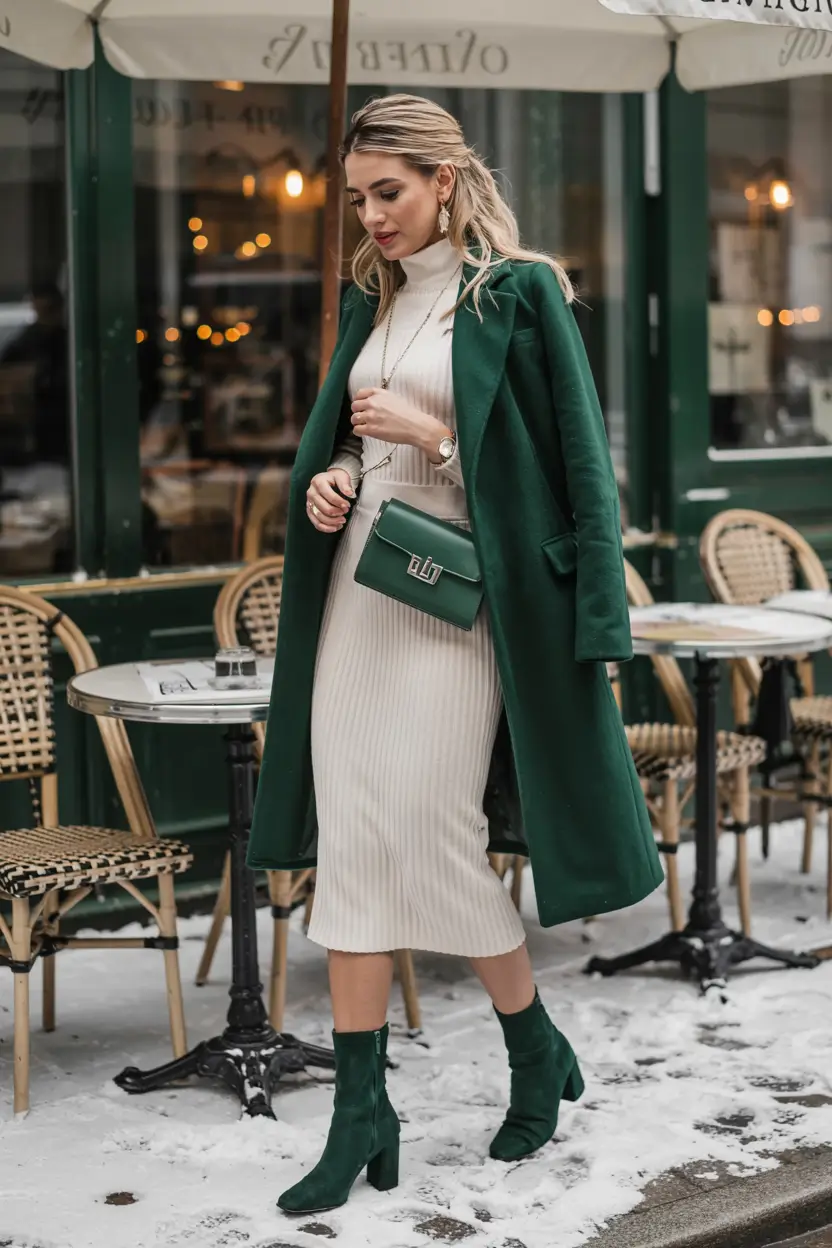 winter office outfits ideas 2025 2026 Emerald Elegance in Monochrome