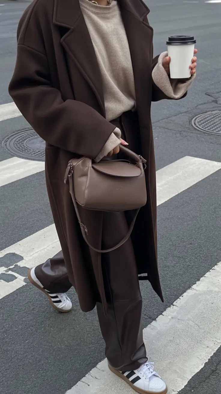 winter outfit inspo 2025 2026 trends ideas Chocolate Layers with Sporty Flair