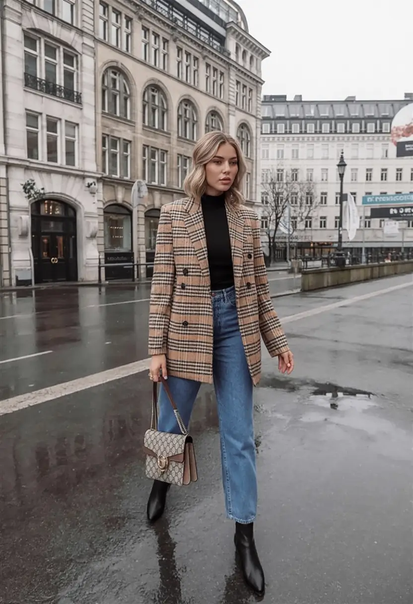 winter outfit inspo 2025 2026 trends ideas Modern Plaid and Sharp Denim