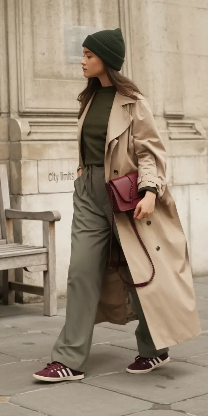 winter outfit inspo 2025 2026 trends ideas Trench Coat with Military Green Accents