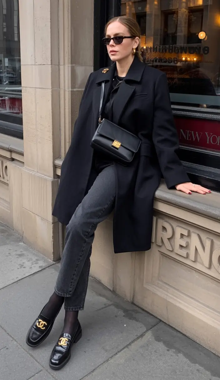 winter outfit inspo 2025 2026 trends ideas Monochrome Black Luxe