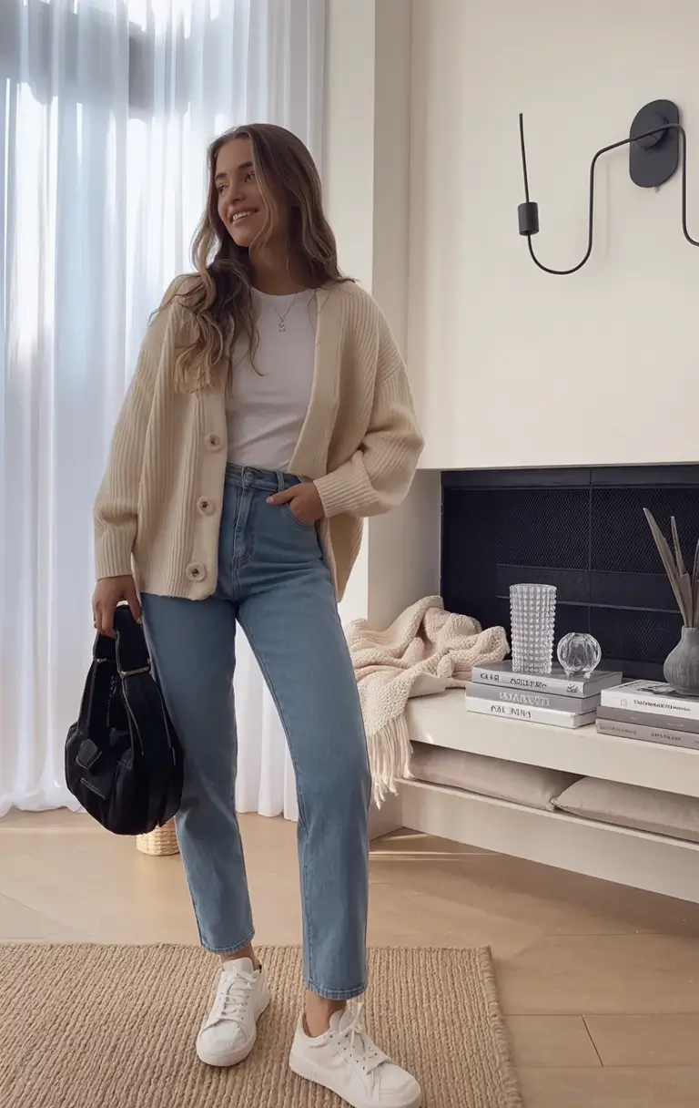 winter outfit inspo 2025 2026 trends ideas Soft Cardigans and Denim Basics
