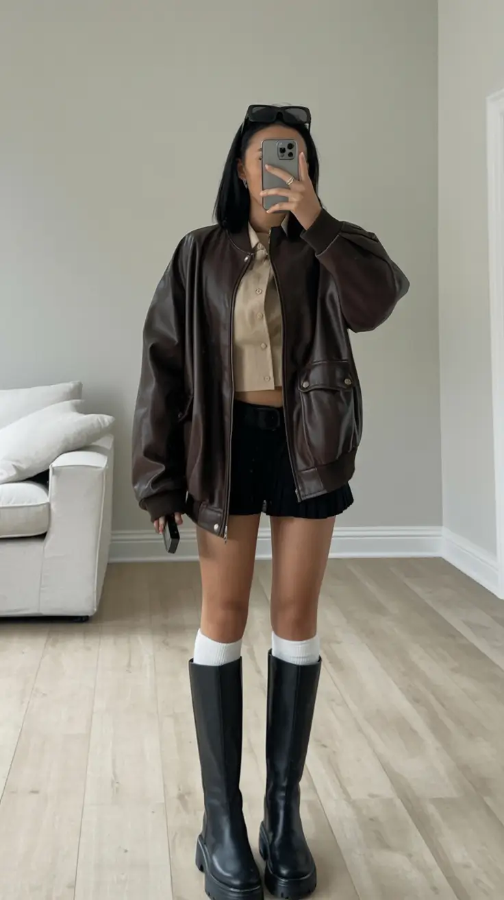 winter outfit inspo 2025 2026 trends ideas Bold Contrast with Leather and Boots
