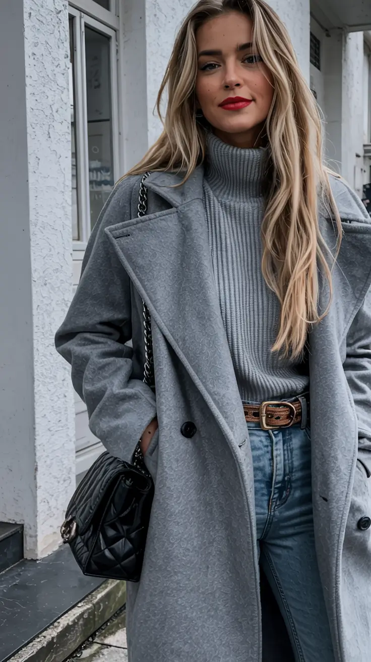 winter outfits aesthetic 2025 2026 Grey Coat Red Lips