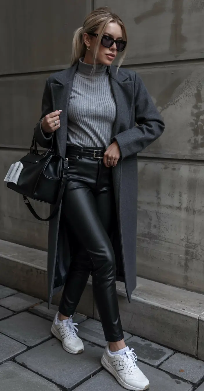 winter outfits aesthetic 2025 2026 Monochrome Edge with Leather Accents