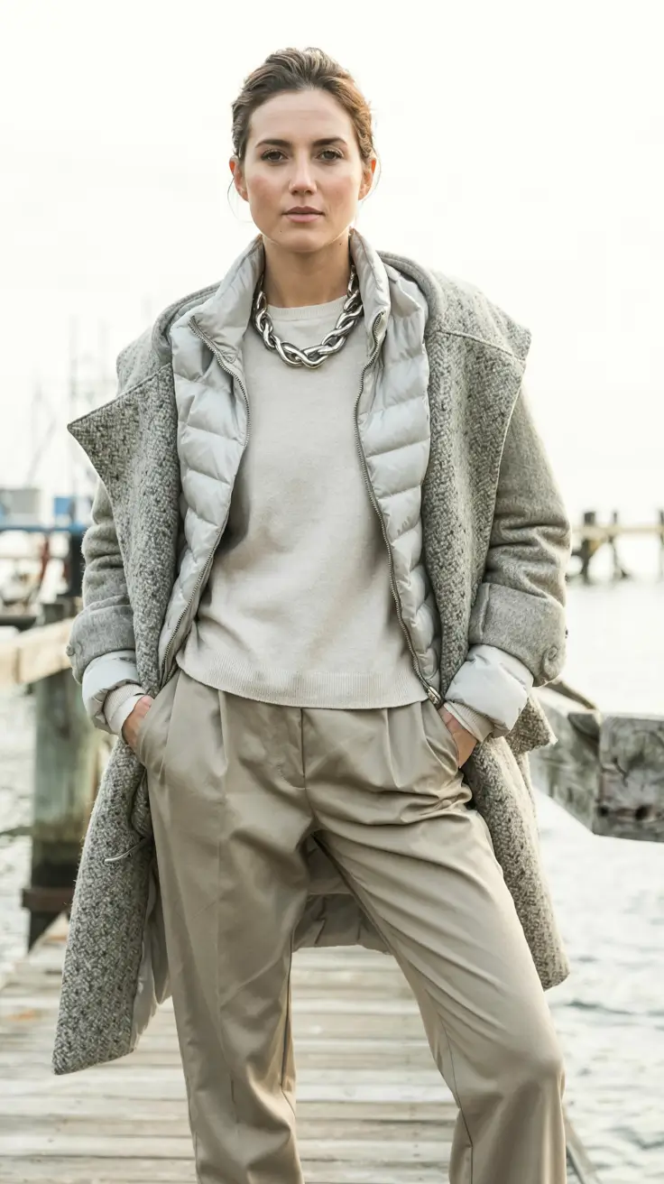 winter outfits cold weather ideas 2025 2026 Layered Elegance in Soft Grays