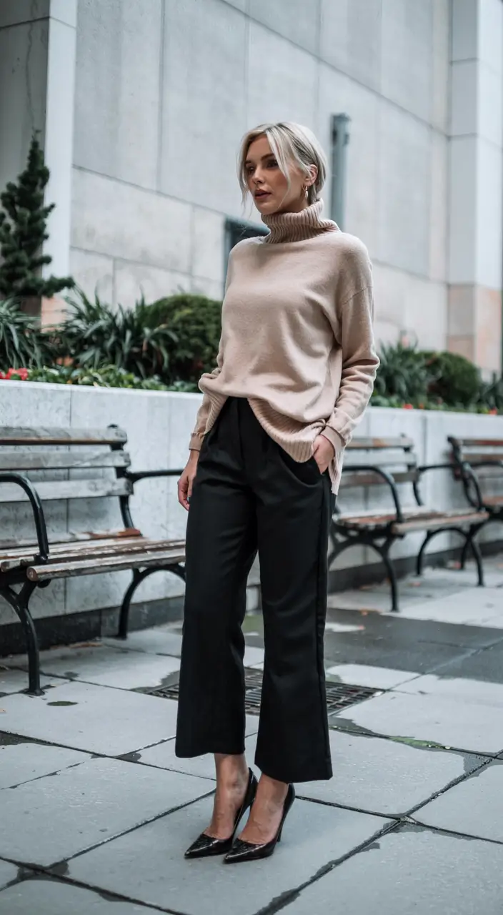 winter outfits for women over 40 ideas 2025 2026 Soft Neutrals with Sleek Black Accents
