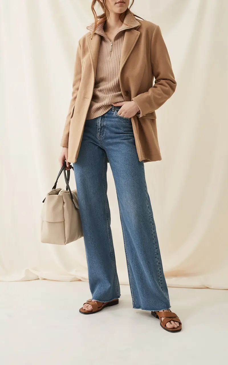 winter outfits for women over 40 ideas 2025 2026 Warm Camel Coat with Wide-Leg Denim