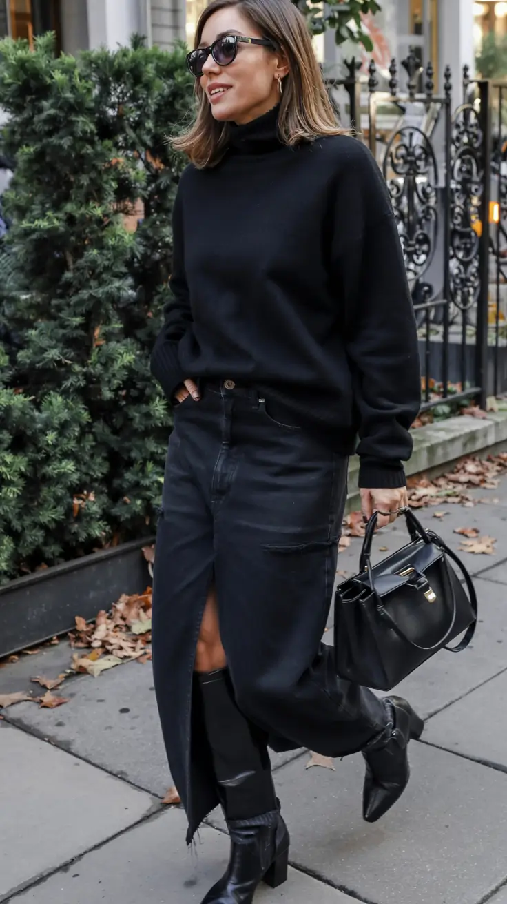 winter outfits for women over 40 ideas 2025 2026 All-Black Elegance with a Contemporary Edge