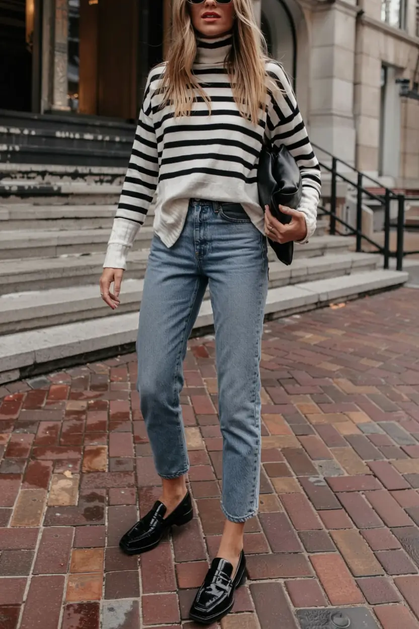 winter outfits for women over 40 ideas 2025 2026 Stripes and Denim with Effortless Energy