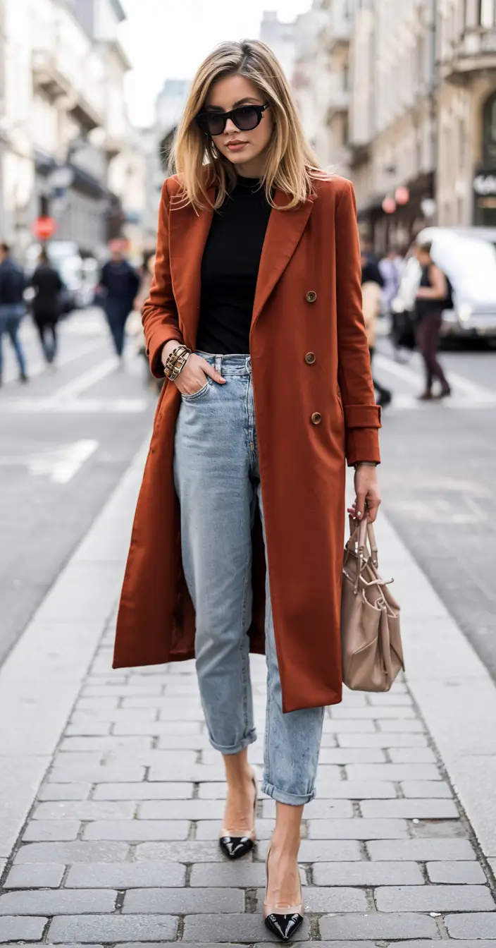 winter outfits for women over 40 ideas 2025 2026 Burnt Orange and Black for Bold Sophistication