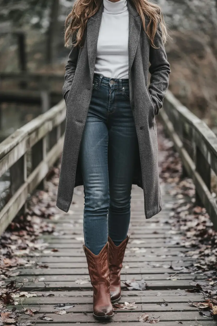 winter outfits for women over 50 ideas 2025 2026 Classic Grey Coat with Western Boots
