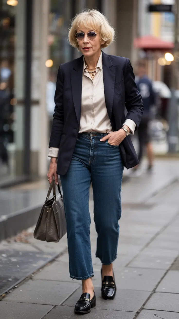 winter outfits for women over 50 ideas 2025 2026 Classic Blazer with Modern Denim