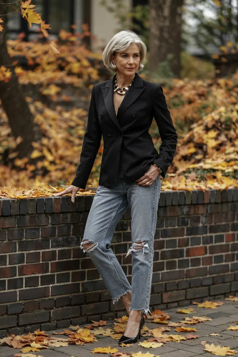 winter outfits for women over 50 ideas 2025 2026 Sharp Blazer Meets Distressed Denim