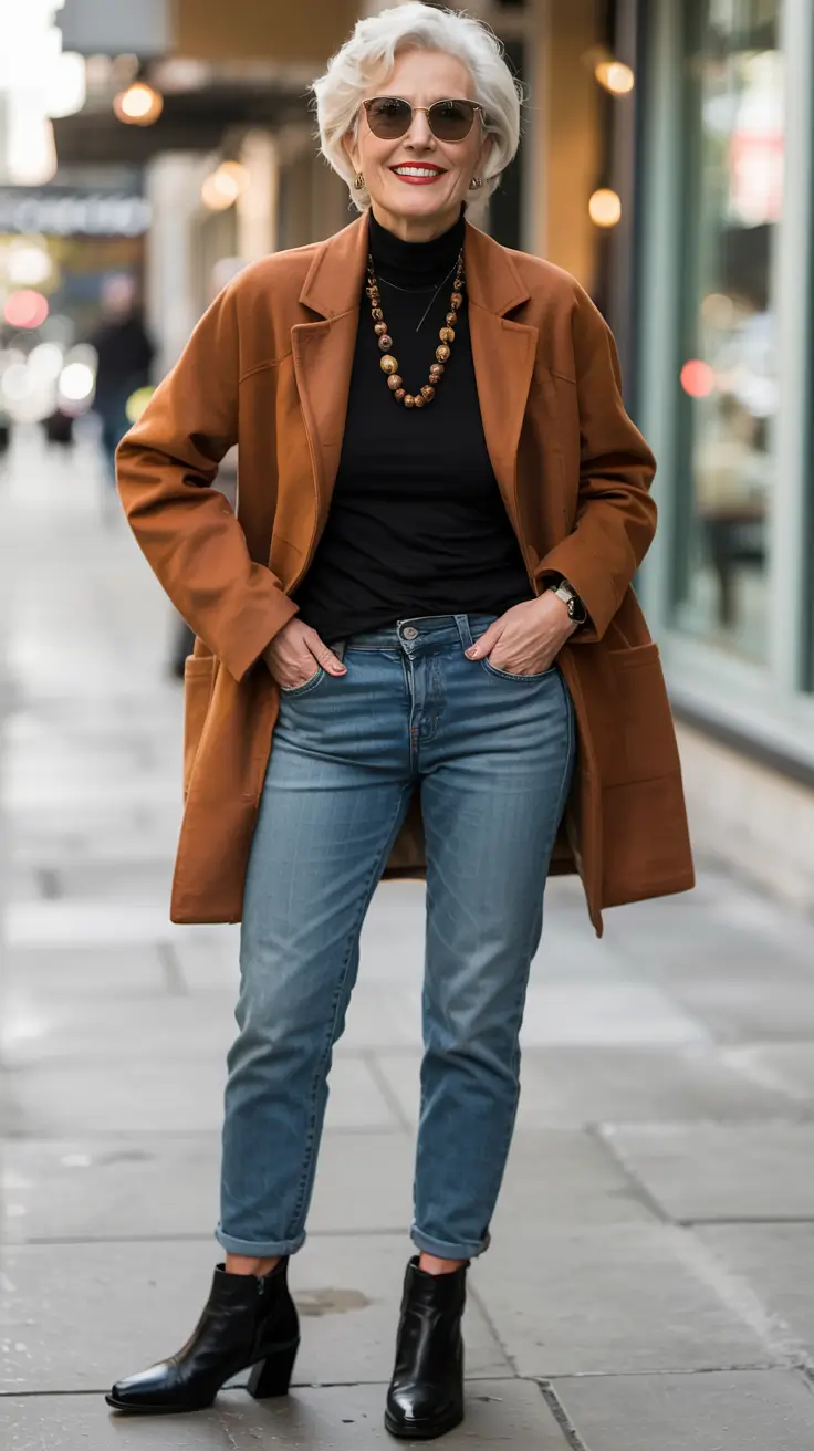 winter outfits for women over 60 ideas 2025 2026 Rust Elegance with Modern Denim