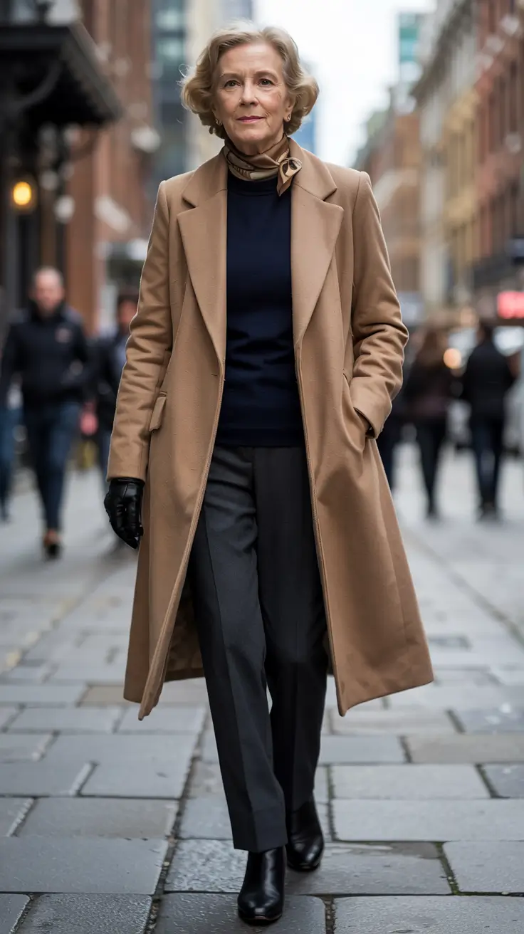 winter outfits for women over 60 ideas 2025 2026 Camel and Navy Sophistication