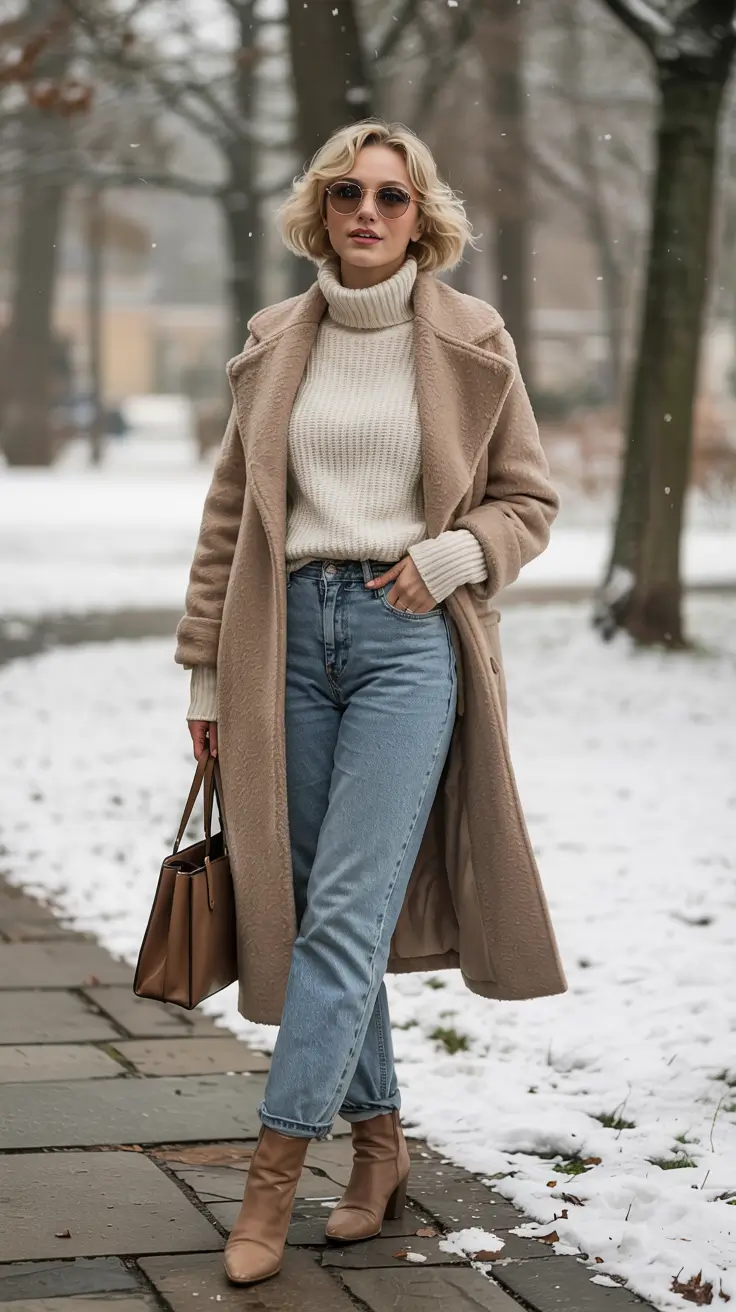 winter outfits for women over 60 ideas 2025 2026 Soft Camel and Winter Denim