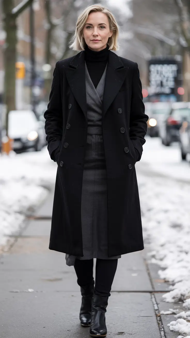 winter outfits for women over 60 ideas 2025 2026 Classic Black Coat Elegance