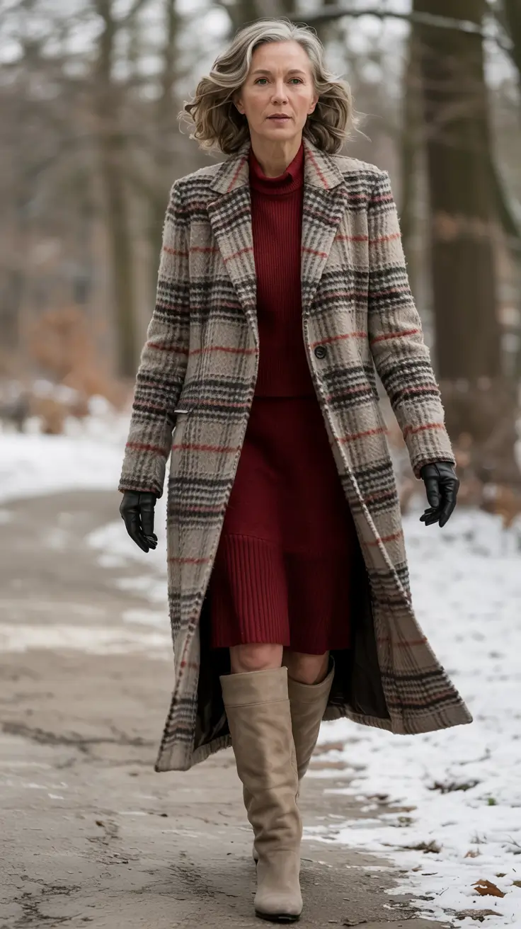winter outfits for women over 60 ideas 2025 2026 Statement Plaid and Rich Burgundy