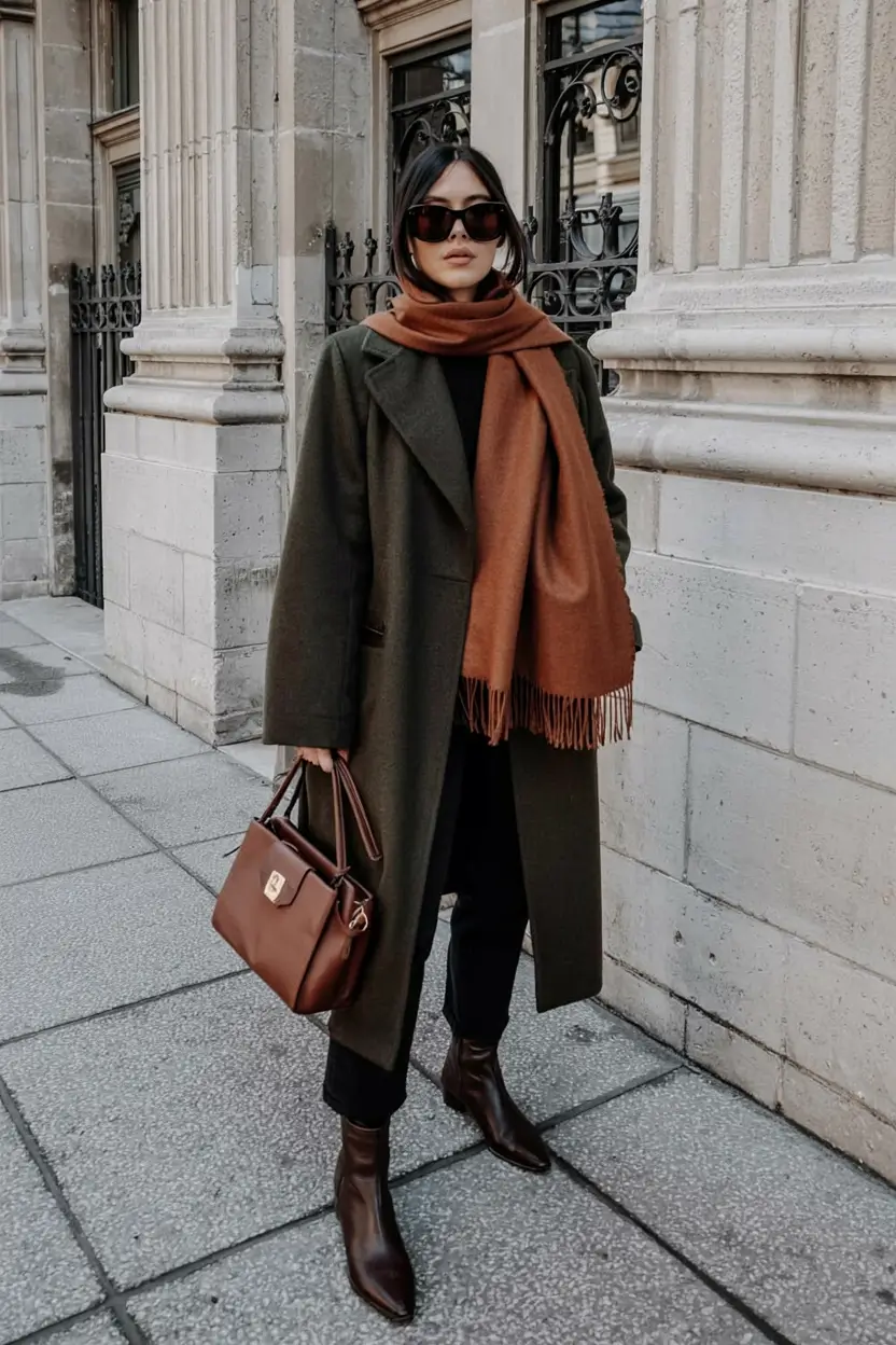 winter outfits inspiration 2025 2026 Olive Coat with Rust Accents