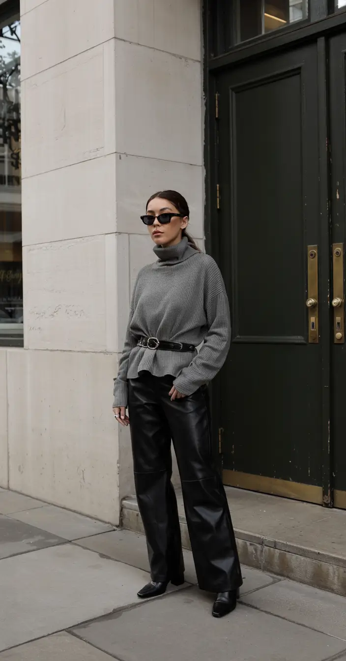 winter outfits inspiration 2025 2026 Grey Knit and Leather Contrast