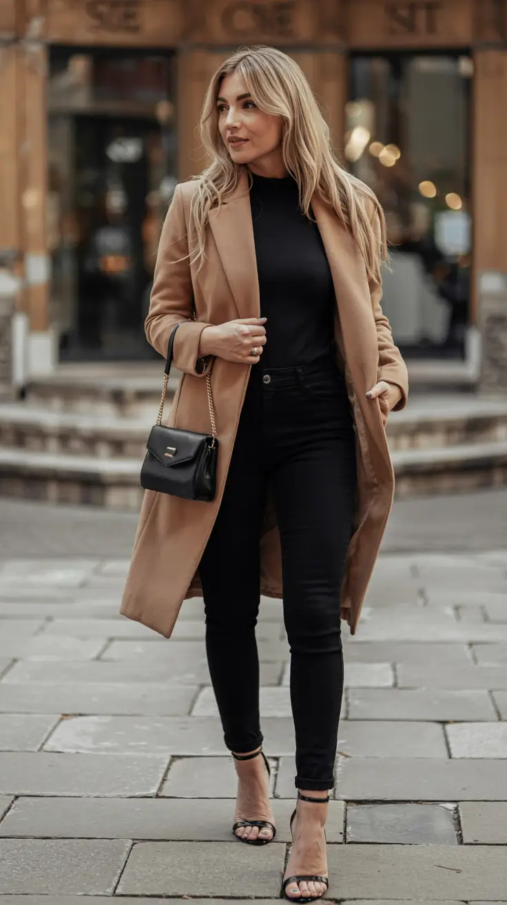 winter outfits inspiration 2025 2026 Camel Elegance with Black Accents