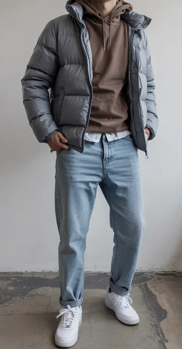 winter outfits men 2025 2026 style guide Casual Comfort with a Puffer Twist