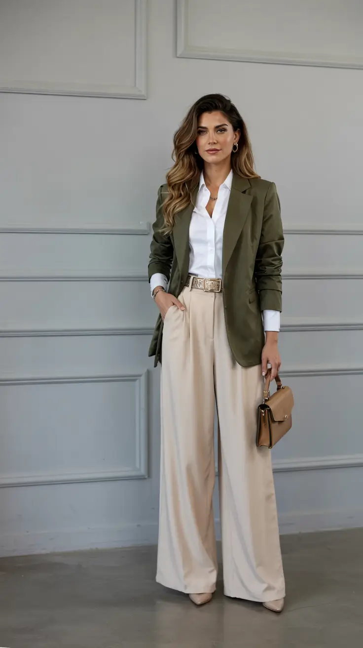 winter work outfits 2025 2026 style guide Olive Blazer and Cream Harmony