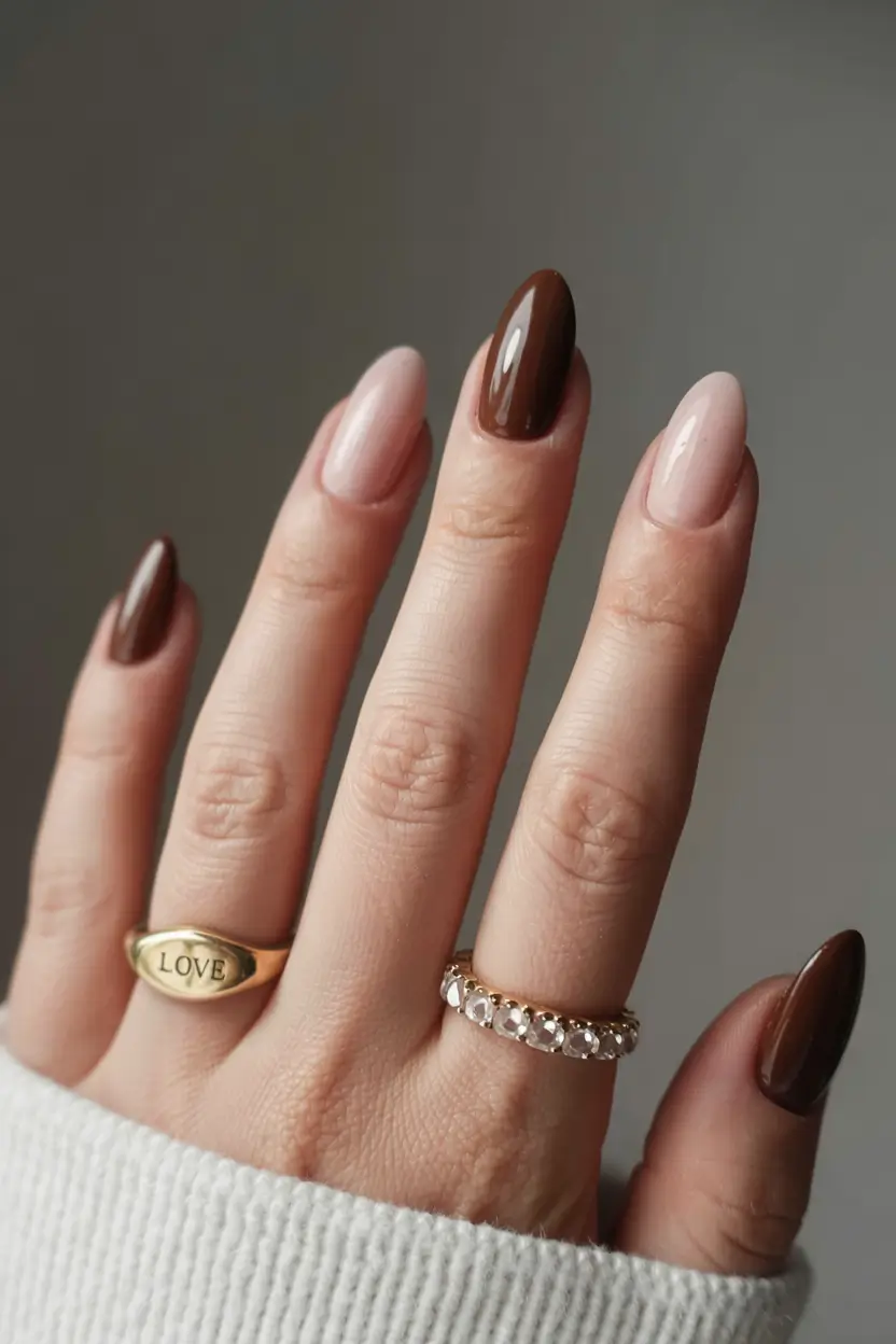 acrylic nails and color ideas winter 2025 2026 Chocolate and Nude Harmony