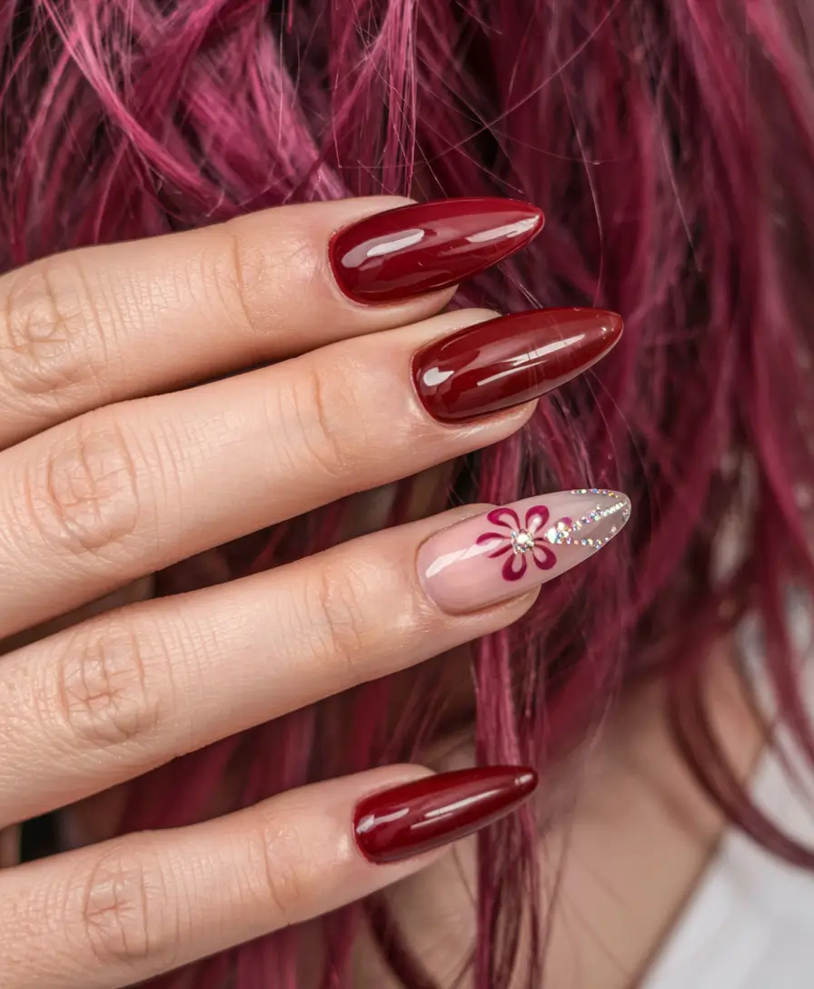 acrylic nails and color ideas winter 2025 2026 Crimson Bloom Accent
