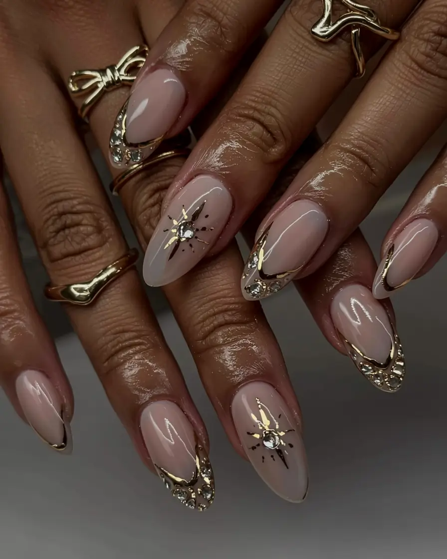 acrylic nails and color ideas winter 2025 2026 Golden Starburst Glam